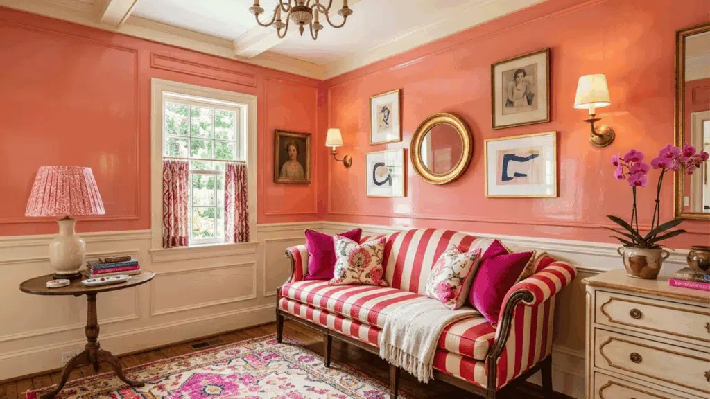 coral monochromatic living room with striped sofa, pink wall art, cream curtains, small side table, lamp, and indoor plant near window