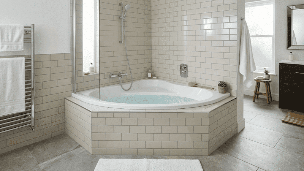 corner bathtub positioned in a bathroom corner using diagonal space to provide a wider bathing area suitable for open layouts