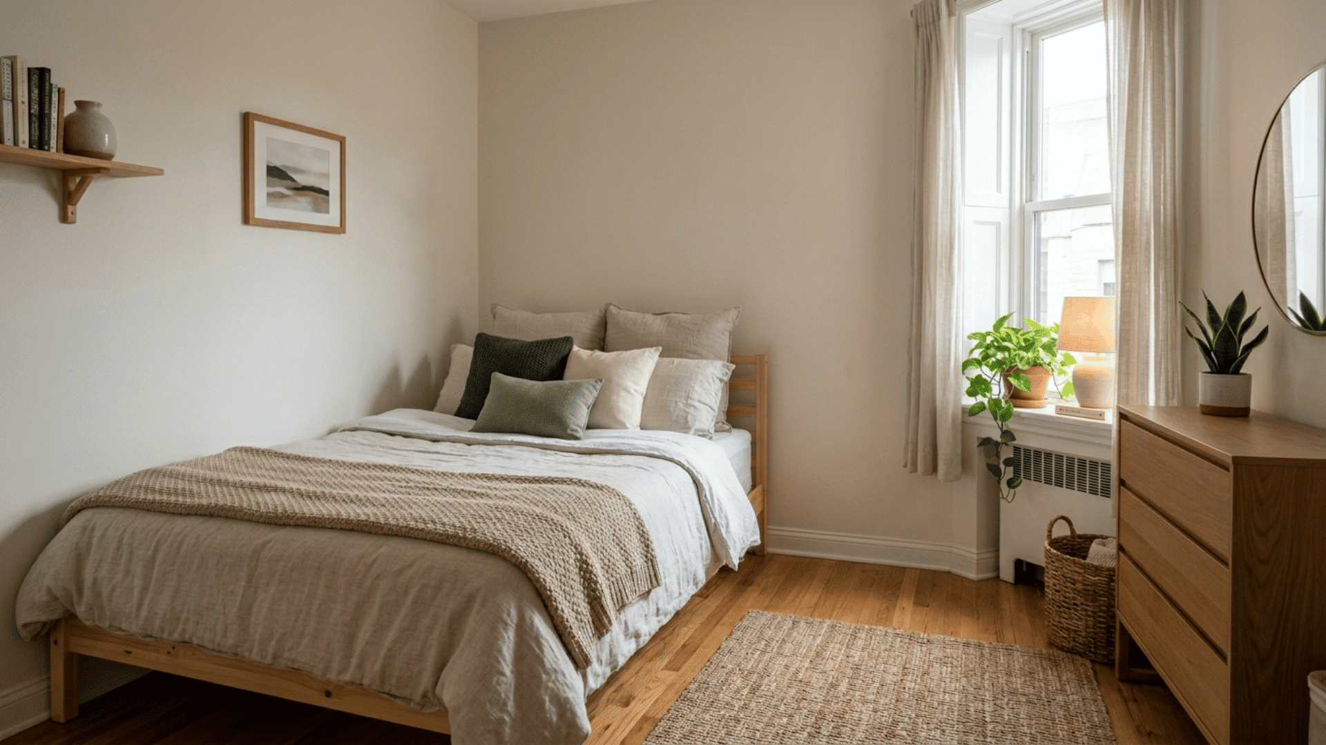 corner bed setup in small bedroom with neutral tones, simple wall art, soft lighting and clean uncluttered layout