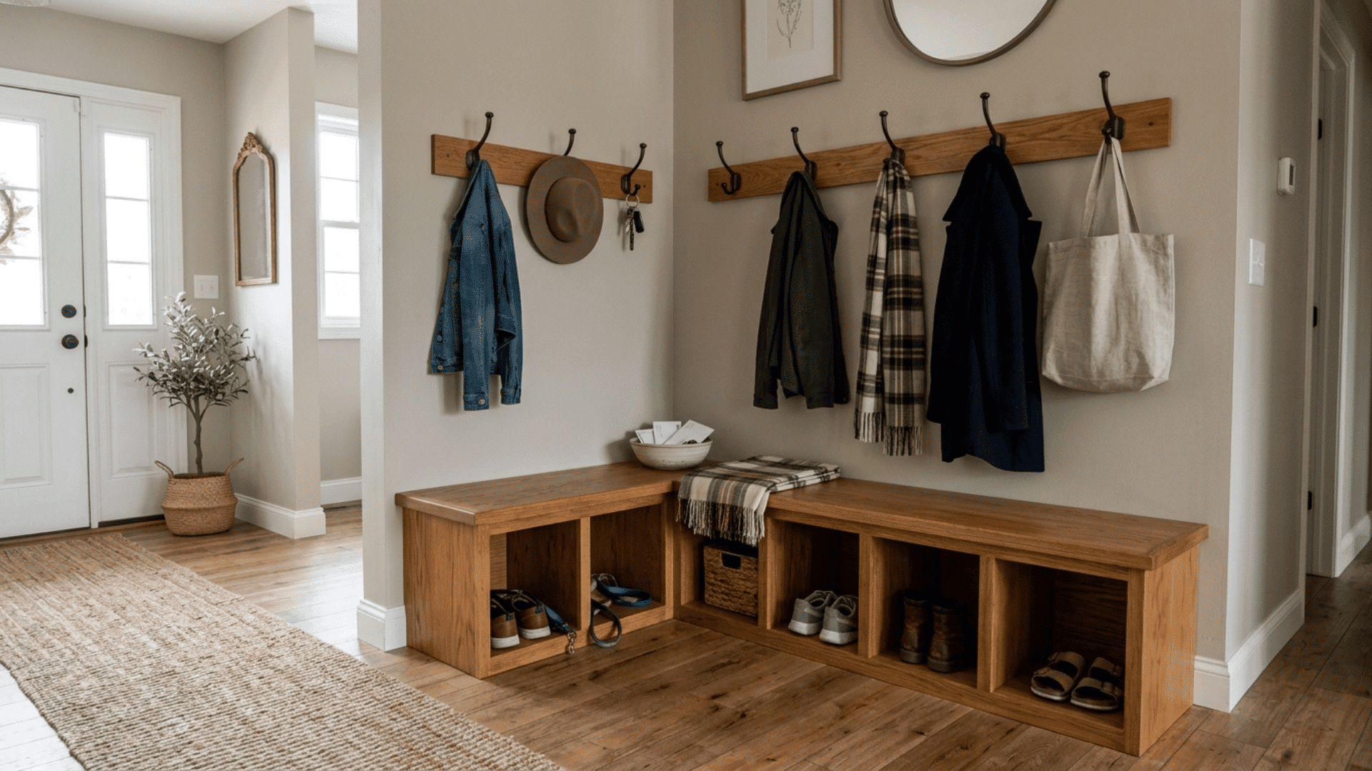 corner wraparound wooden bench with open storage compartments below and metal hooks mounted on both entryway walls above