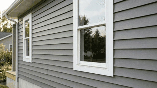 cost to install vinyl siding shown on a home exterior with gray panels white trim and two windows in natural light