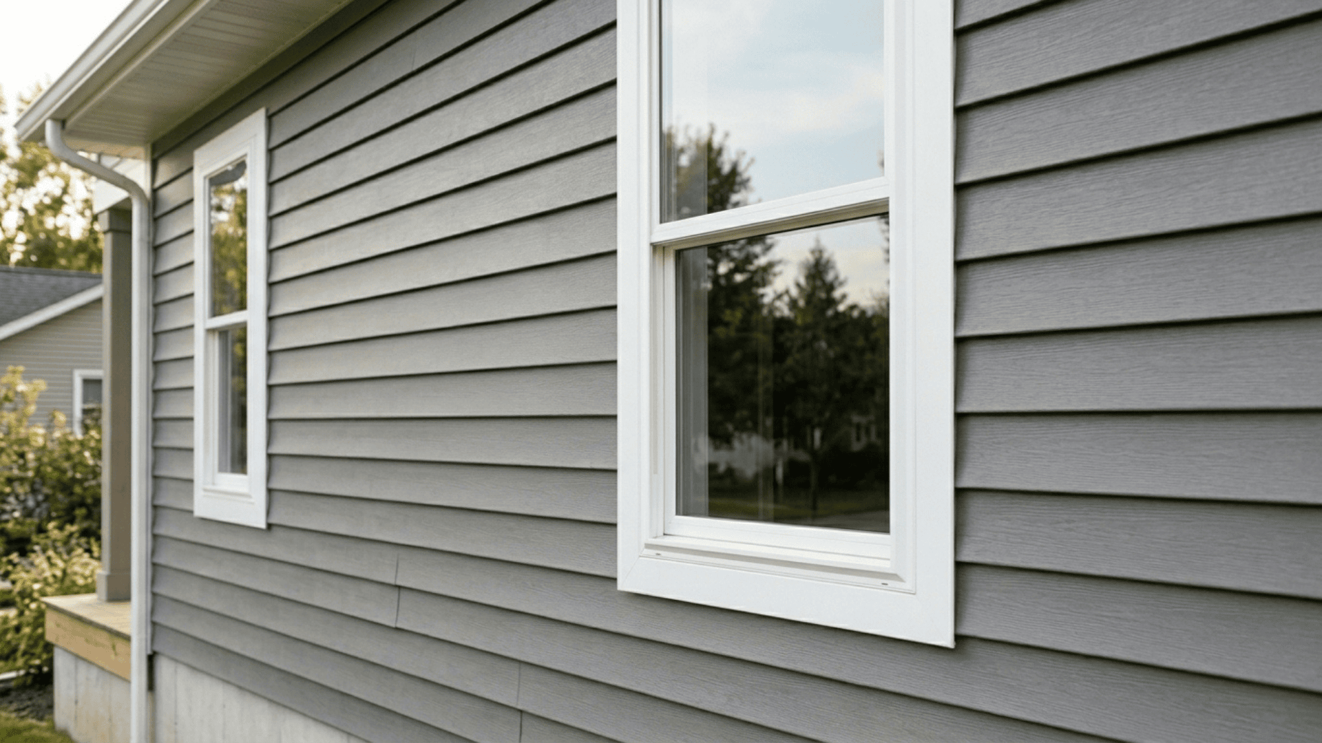 cost to install vinyl siding shown on a home exterior with gray panels white trim and two windows in natural light