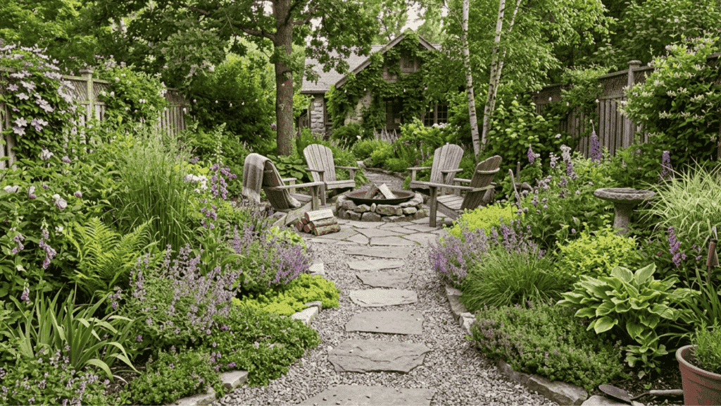 cottage garden fire pit seating lush landscaping stone path cozy backyard retreat
