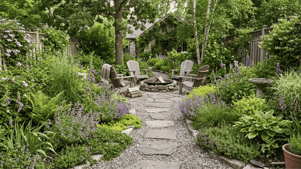 cottage garden fire pit seating lush landscaping stone path cozy backyard retreat