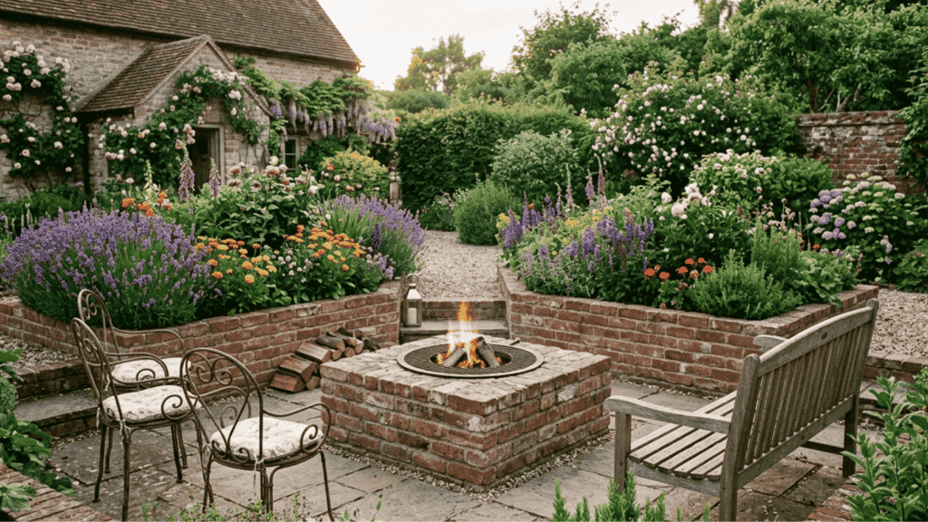 cottage garden patio with brick fire pit colorful flowers rustic seating cozy backyard