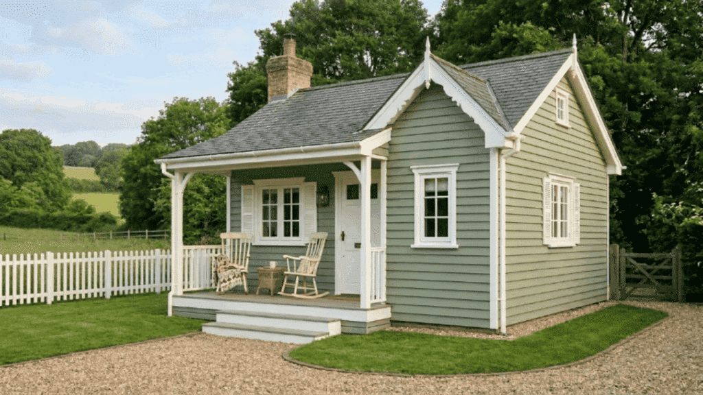 cottage home with clary sage green siding white trim front porch garden flowers countryside morning sunlight exterior