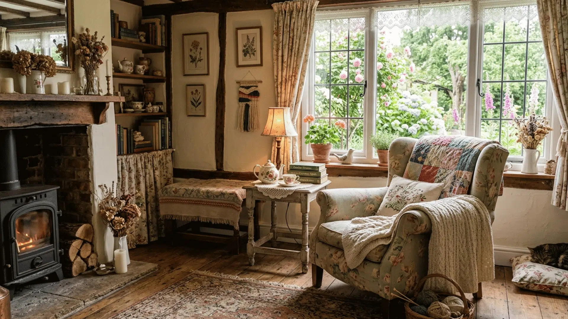 cottagecore living room with floral decor, cozy fireplace, soft textiles, and garden view.