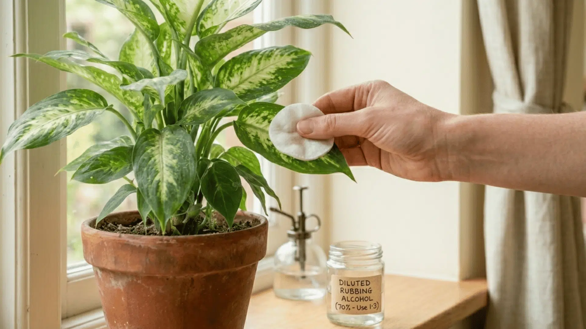 cotton pad applying diluted rubbing alcohol on plant leaf to treat stubborn spider mites infestation (1)