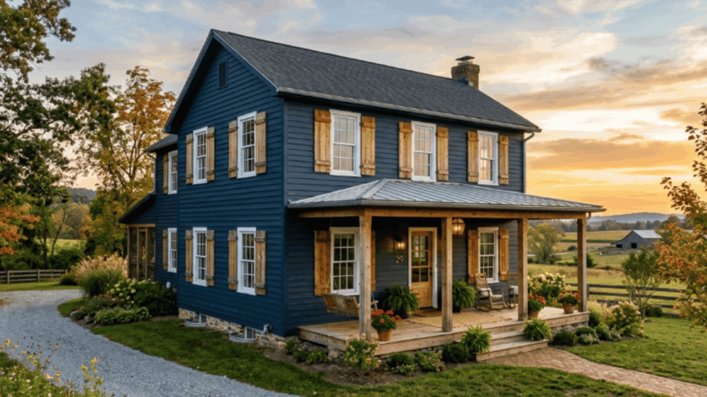 country home with deep blue siding wood shutters front porch gravel driveway sunset countryside