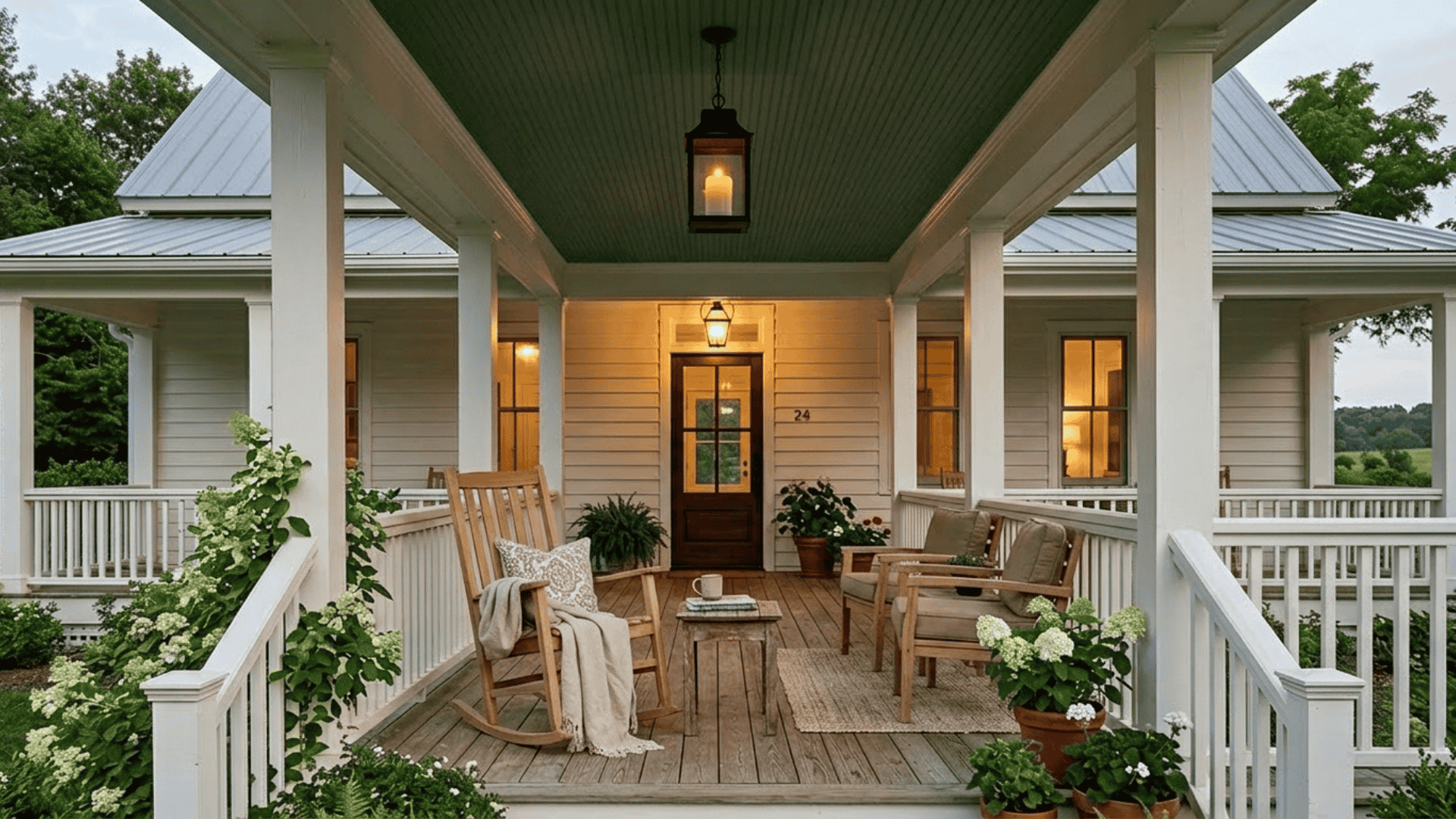 covered farmhouse front porch with dark green painted ceiling white railings and natural wood furniture