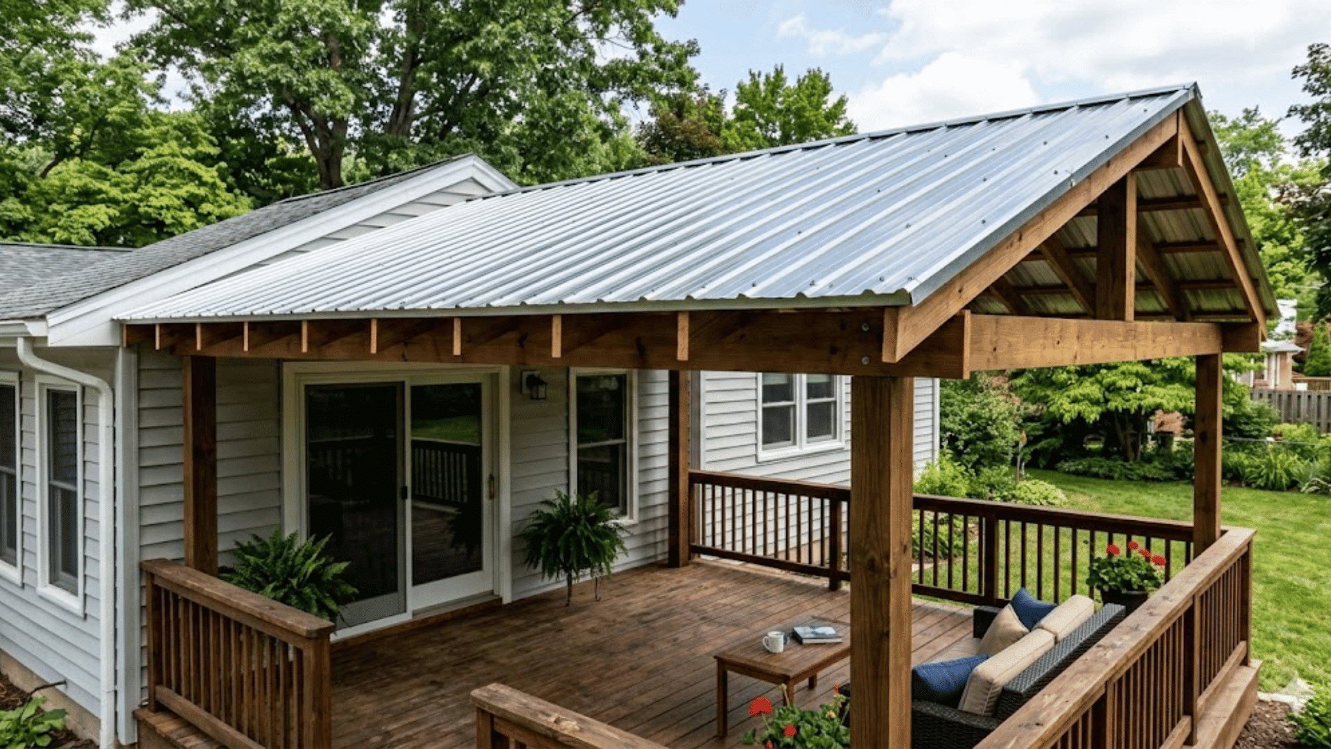 covered wooden backyard deck with metal roof attached to a house featuring railing outdoor seating sliding doors and green yard trees (1)
