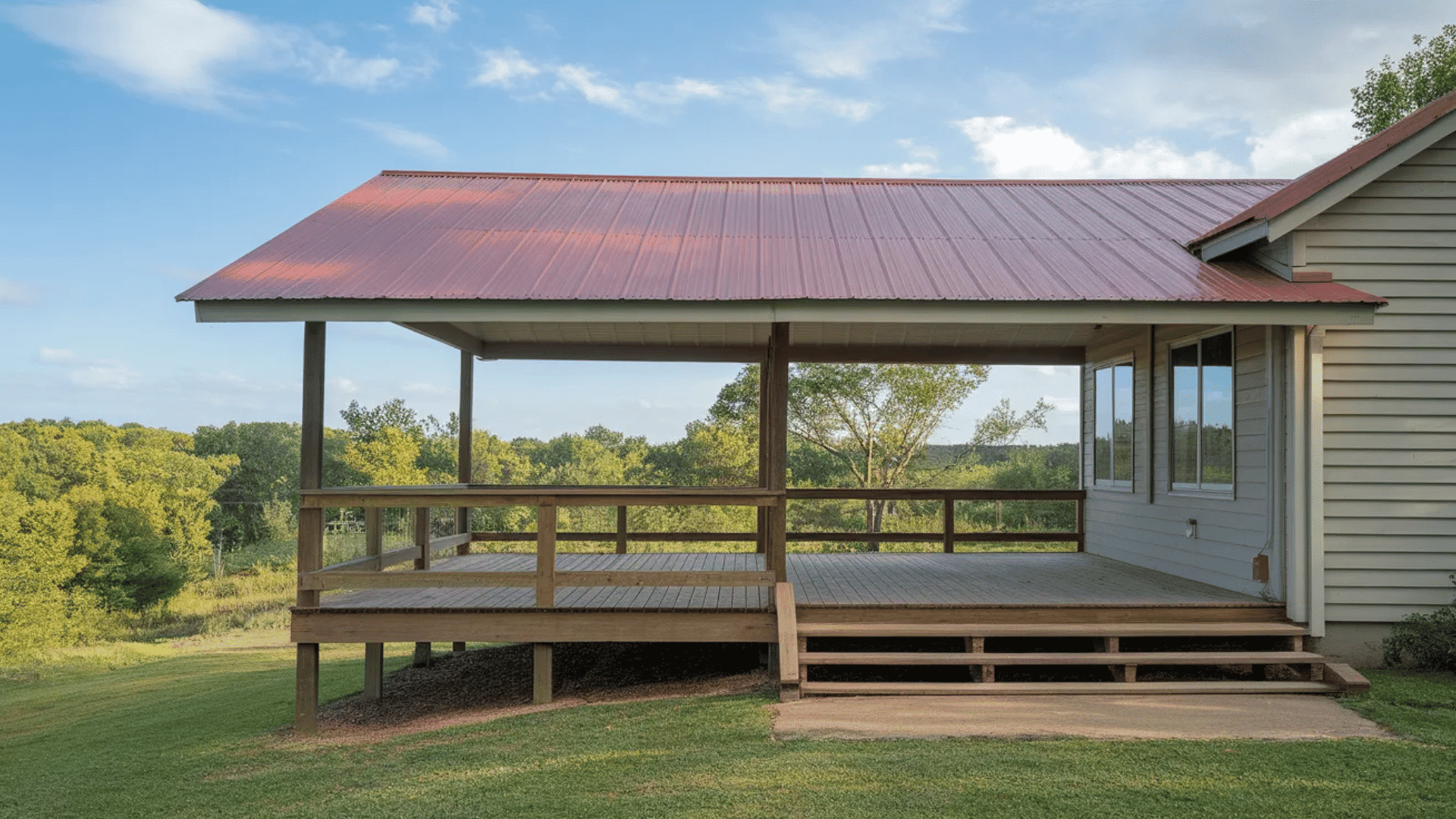 covered wooden deck with red metal roof attached to a house overlooking a grassy yard and tree filled countryside under blue sky
