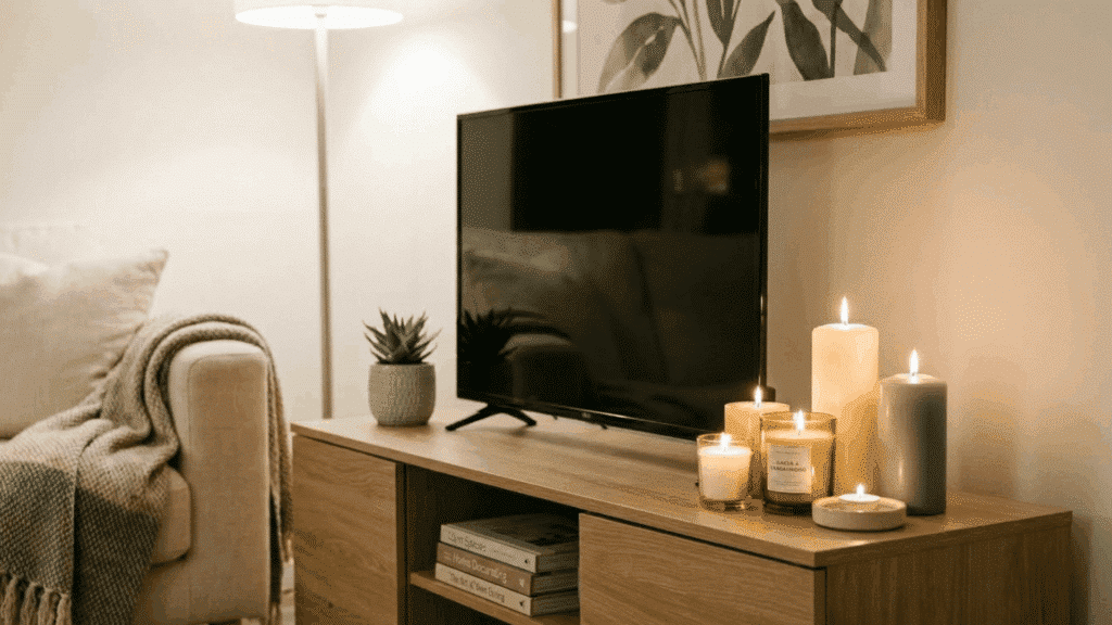 cozy TV stand setup with candles, plant, and warm lighting for living room.