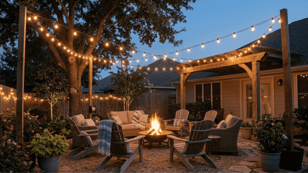 cozy backyard fire pit seating pergola string lights warm outdoor patio night ambiance