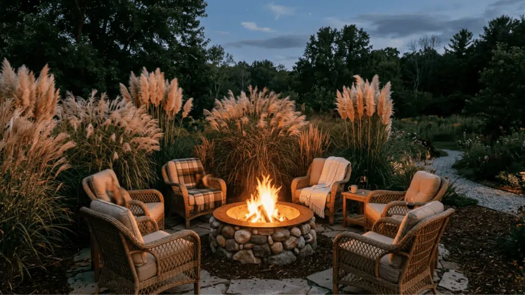 cozy backyard fire pit seating wicker chairs pampas grass landscaping evening outdoor ambiance