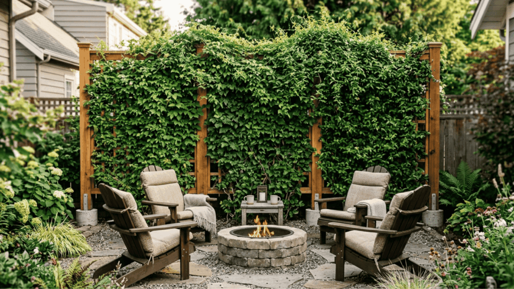 cozy backyard fire pit seating with trellis privacy wall climbing vines garden nook intimate outdoor space