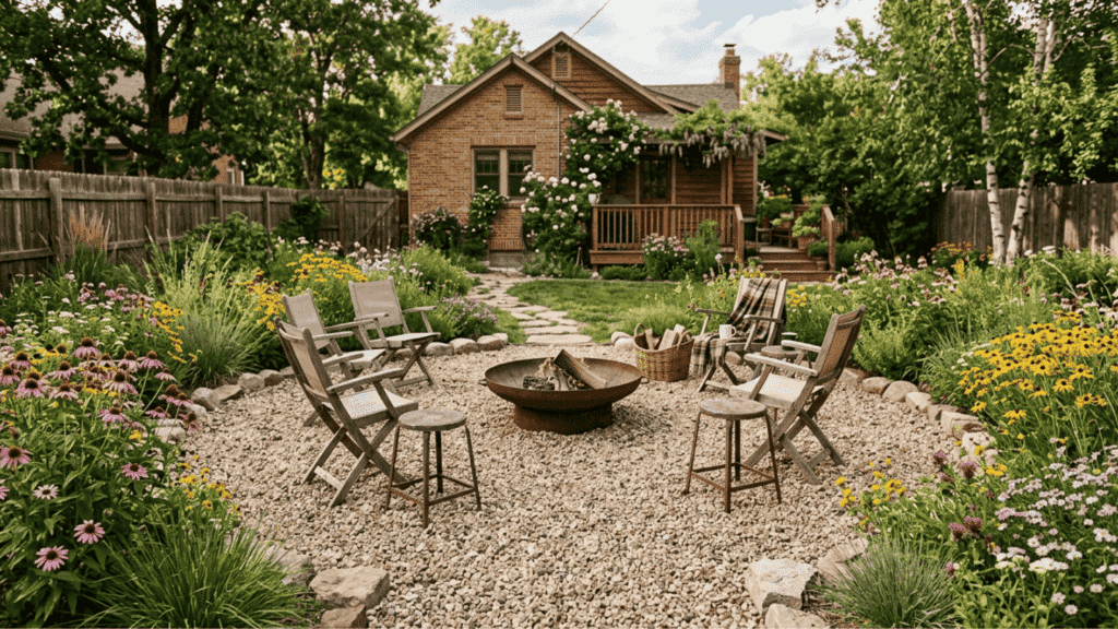 cozy backyard fire pit with gravel seating area cottage garden colorful flowers rustic chairs small house in background