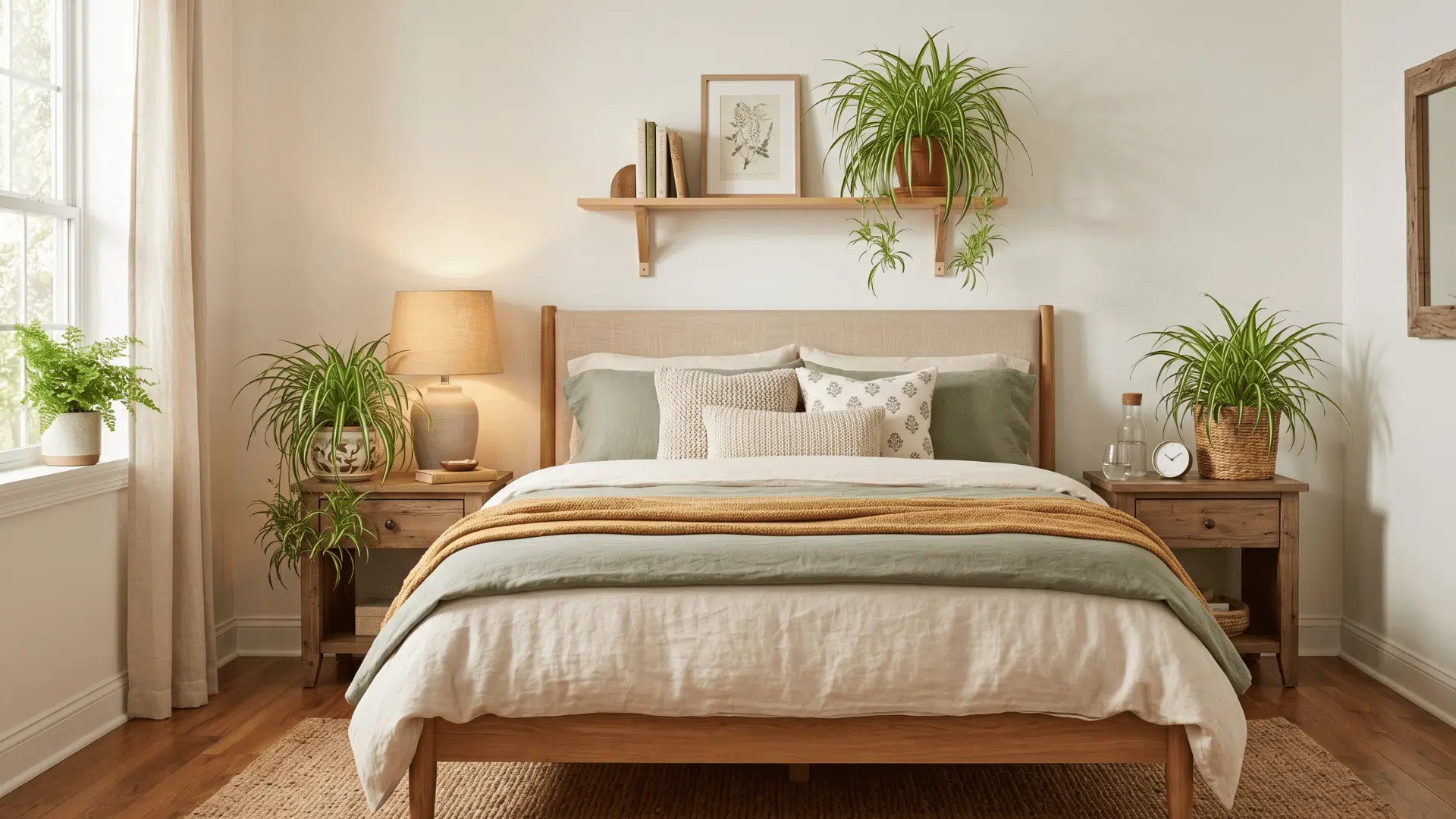 cozy bedroom with bed and two to three spider plants on shelf and side table