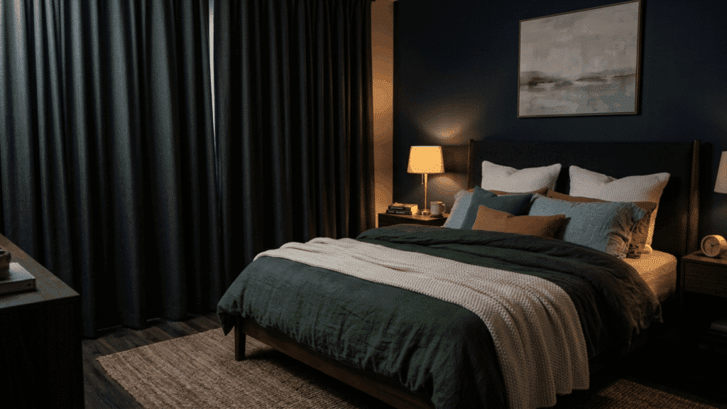 cozy bedroom with dark blackout curtains, warm lighting, layered bedding, and a calm, dim nighttime setting