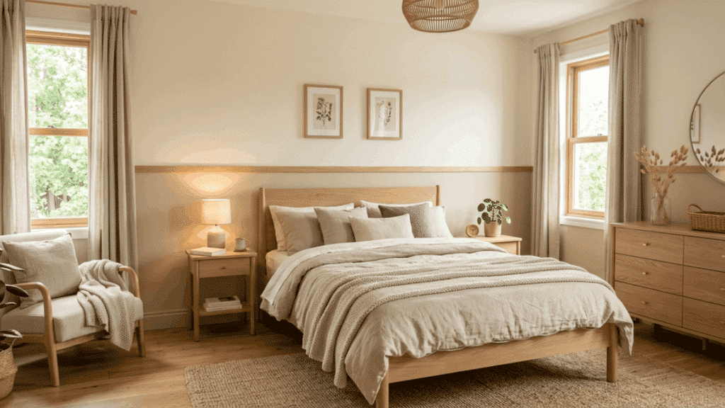 cozy bedroom with soft beige lower wall and warm white upper wall styled with linen bedding and wood furniture