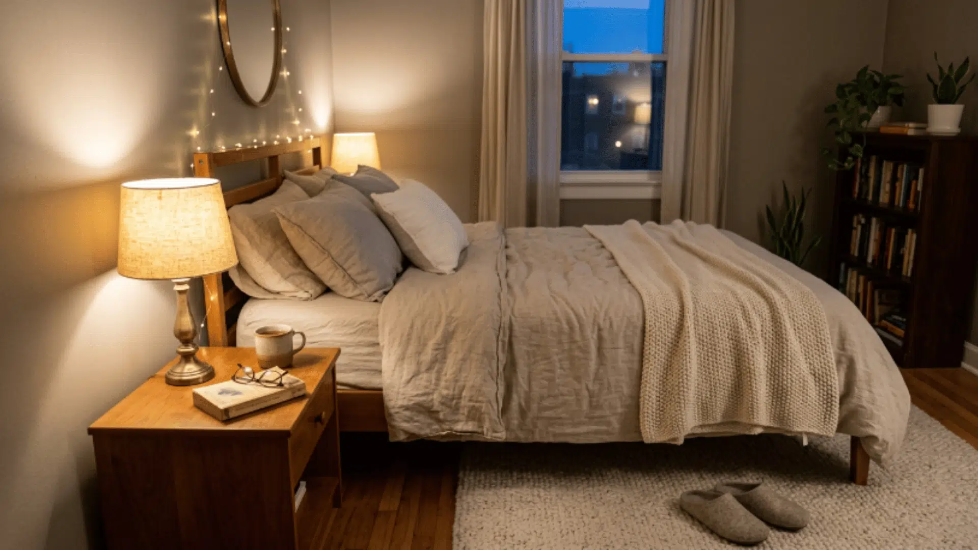 cozy bedroom with warm soft lighting, neutral bedding, bedside lamps and calm relaxing atmosphere