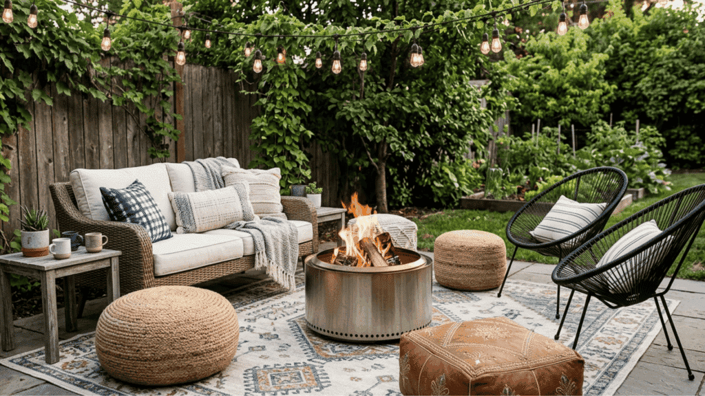 cozy boho backyard fire pit seating outdoor rug string lights small patio lounge garden