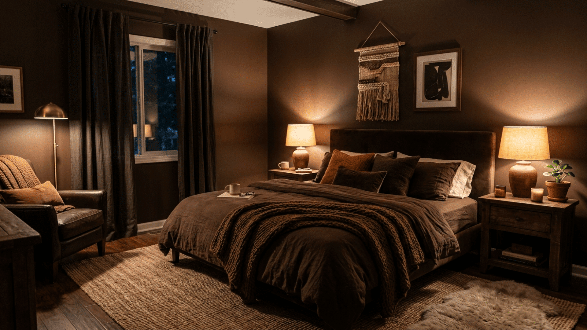 cozy brown bedroom with warm lighting, layered bedding, wooden furniture, and intimate atmosphere for a relaxing retreat