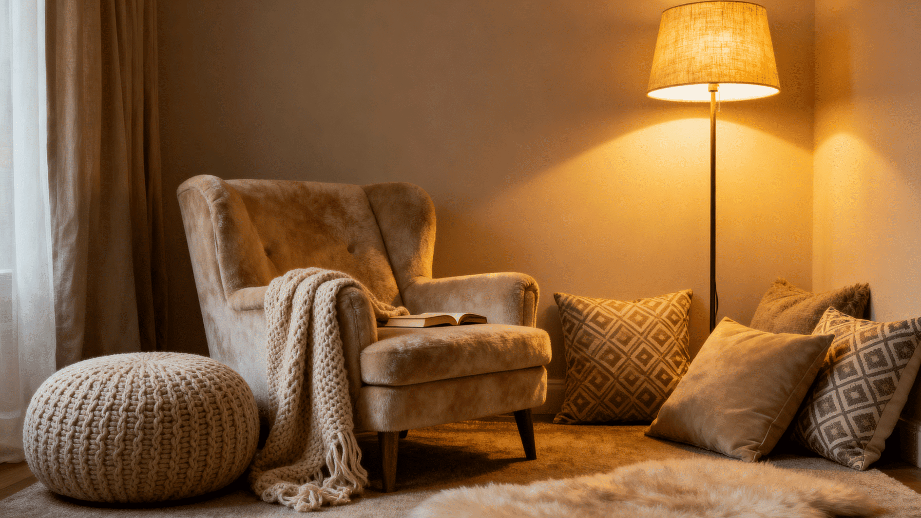 cozy corner setup with layered seating, armchair, pouf, floor lamp, soft textiles, warm lighting, intimate reading nook