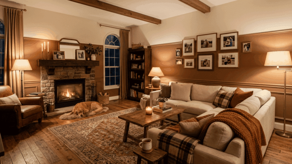 cozy family room with clay brown lower wall and cream upper wall styled with wooden furniture and warm lighting