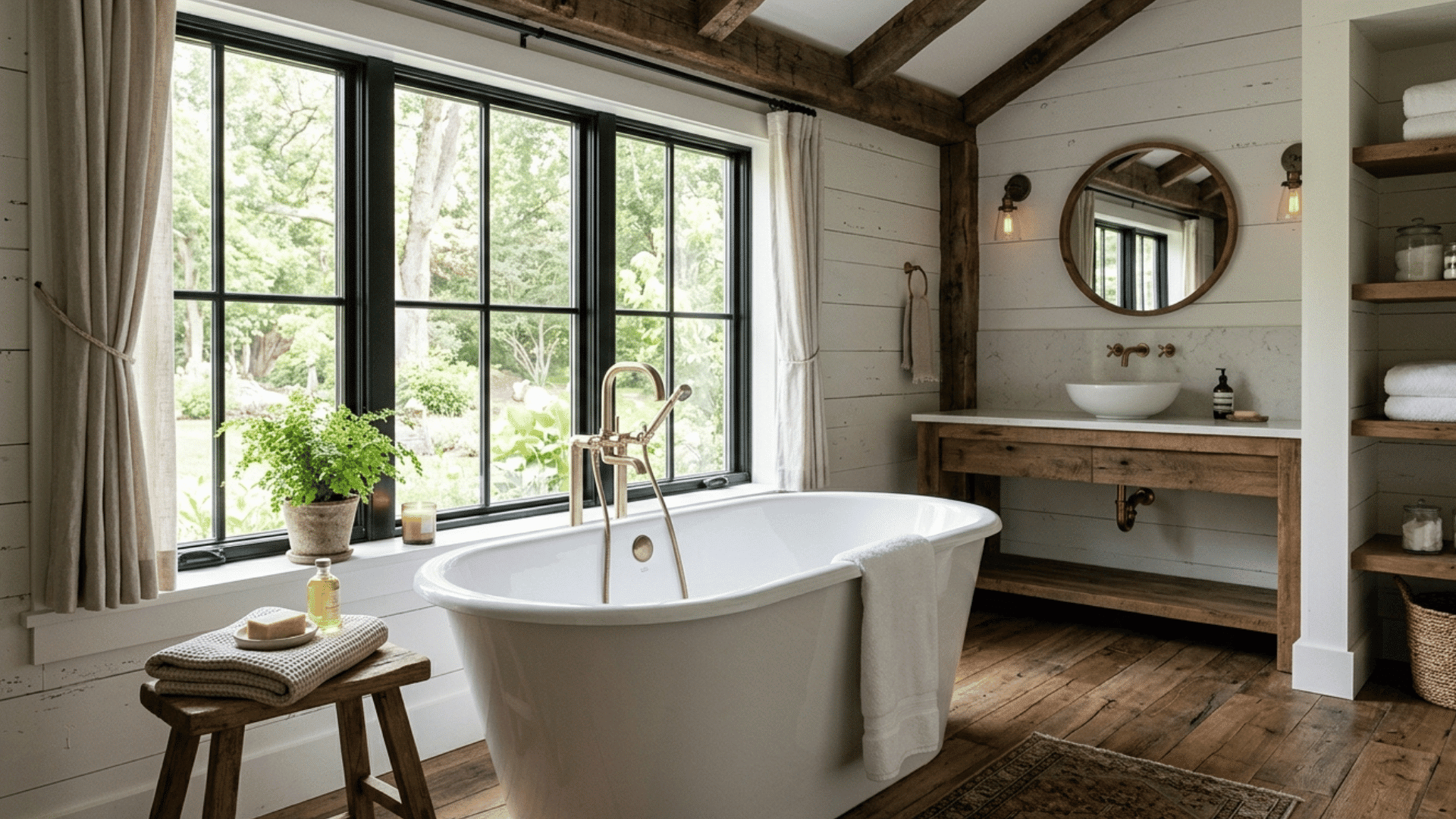 cozy farmhouse bathroom with freestanding tub, wood beams, and natural light.