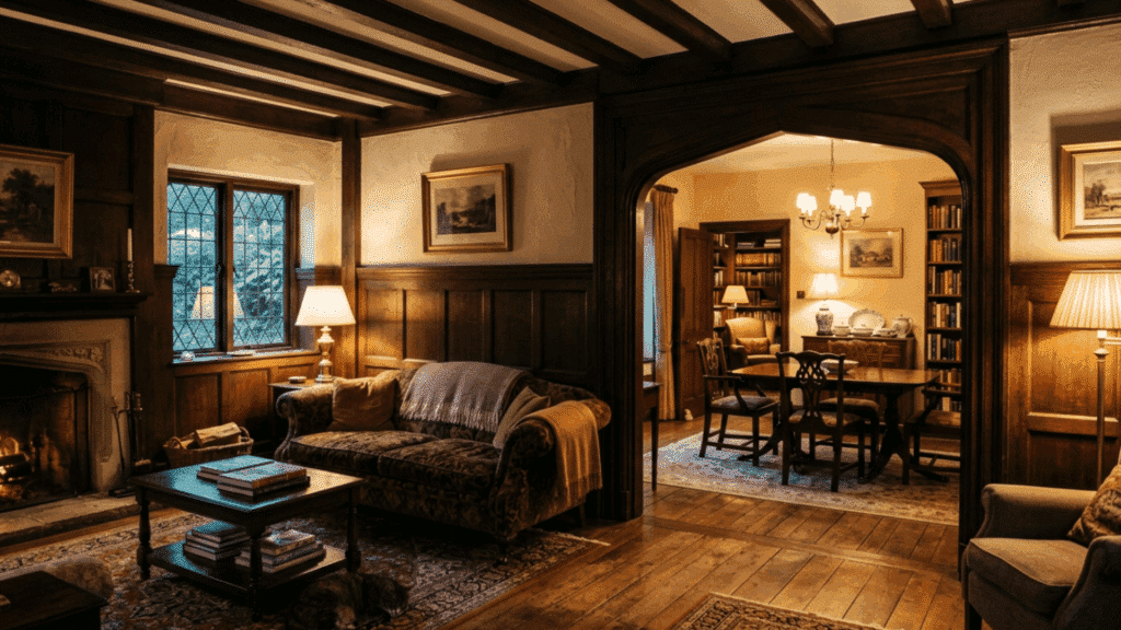 cozy home with small defined rooms, dark wood interiors, fireplace seating area and separate dining space with warm lighting