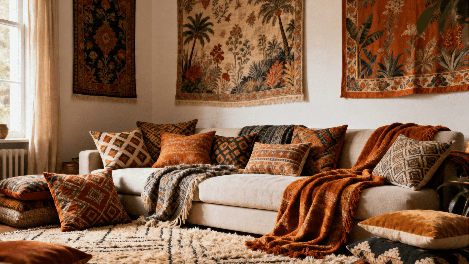 cozy interior with layered printed textiles, patterned cushions, throws, textured rug, warm tones, inviting and detailed setup