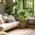 cozy living room filled with indoor plants, neutral sofa, woven decor, and large window letting in bright natural greenery views