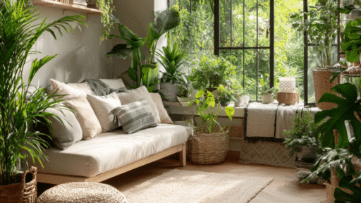 cozy living room filled with indoor plants, neutral sofa, woven decor, and large window letting in bright natural greenery views