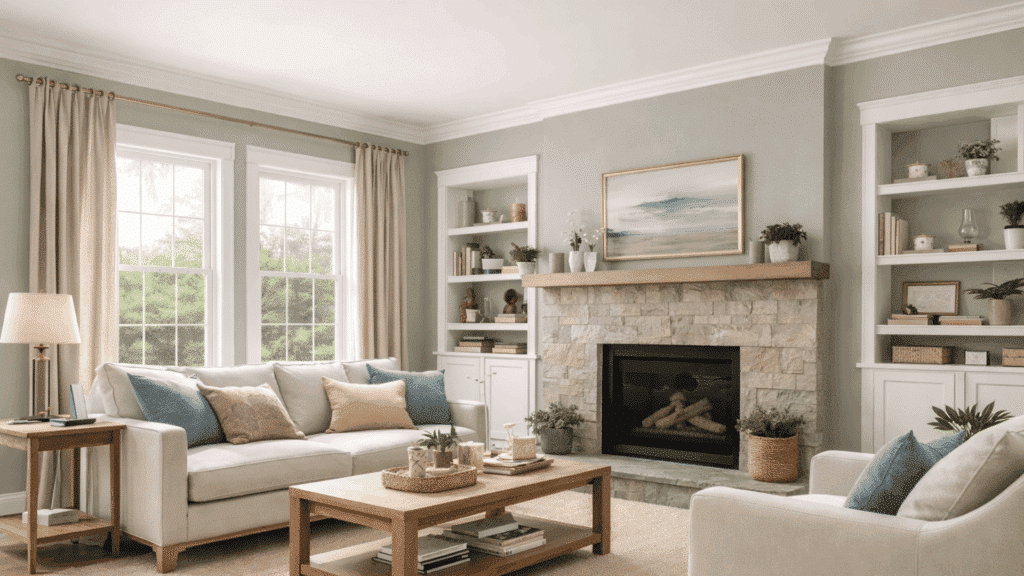 cozy living room painted in escape gray, featuring a stone fireplace and comfy sofa