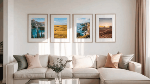 cozy living room with a light-colored sofa cushions a glass coffee table with a plant and four framed landscape photos arranged neatly on a white wall above the couch