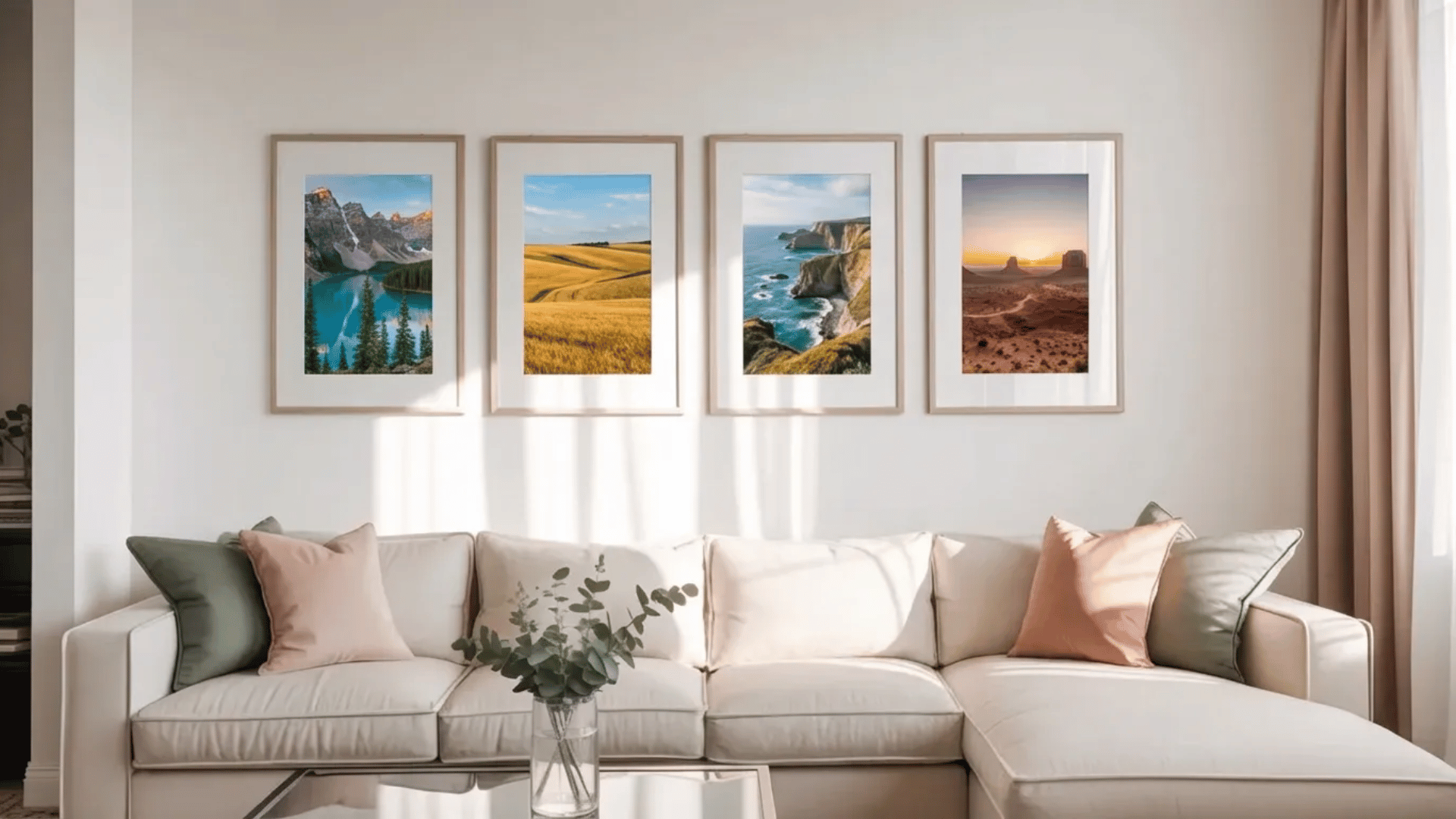 cozy living room with a light-colored sofa cushions a glass coffee table with a plant and four framed landscape photos arranged neatly on a white wall above the couch