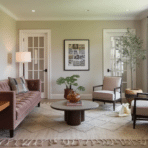 cozy living room with a soft beige color palette, featuring a tufted sofa, two armchairs, a round coffee table, plants, and framed artwork