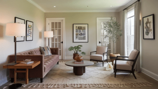 cozy living room with a soft beige color palette, featuring a tufted sofa, two armchairs, a round coffee table, plants, and framed artwork