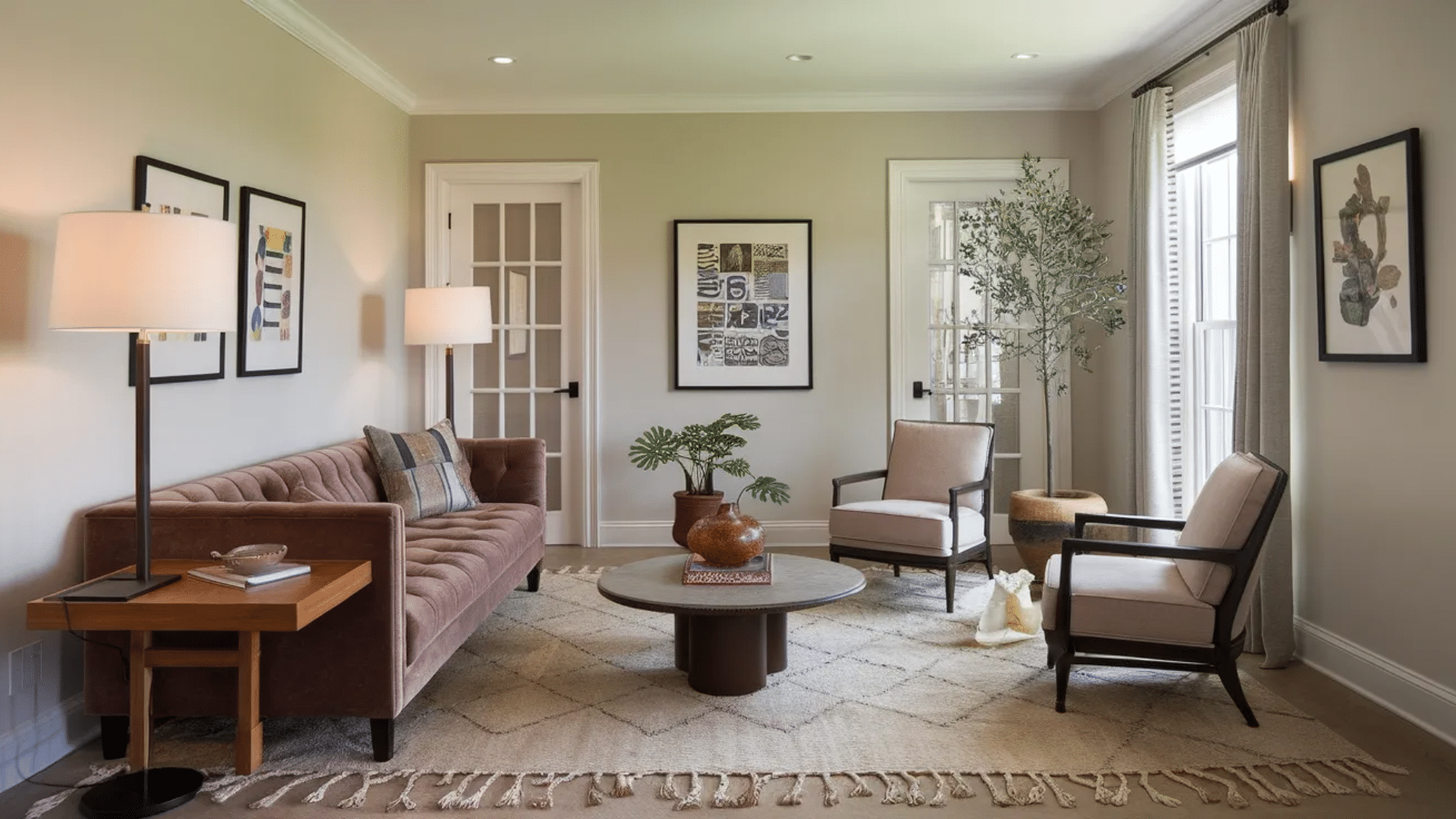 cozy living room with a soft beige color palette, featuring a tufted sofa, two armchairs, a round coffee table, plants, and framed artwork