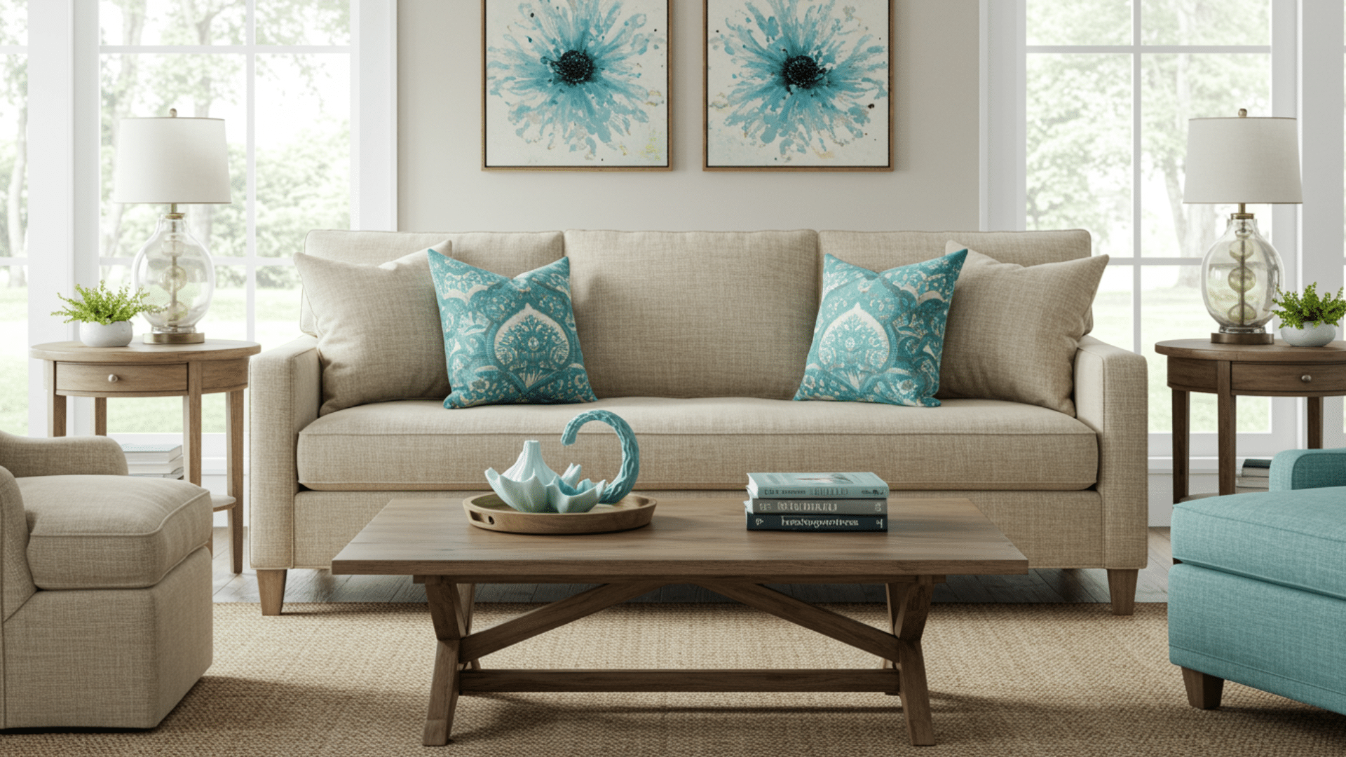 cozy living room with beige sofa teal pillows wooden coffee table books and decor in softly lit modern interior setting