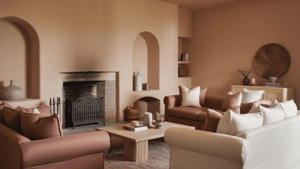 cozy living room with blush-toned walls, a fireplace, and minimalist furniture, including matching soft couches, a coffee table, and stylish decor on the shelves