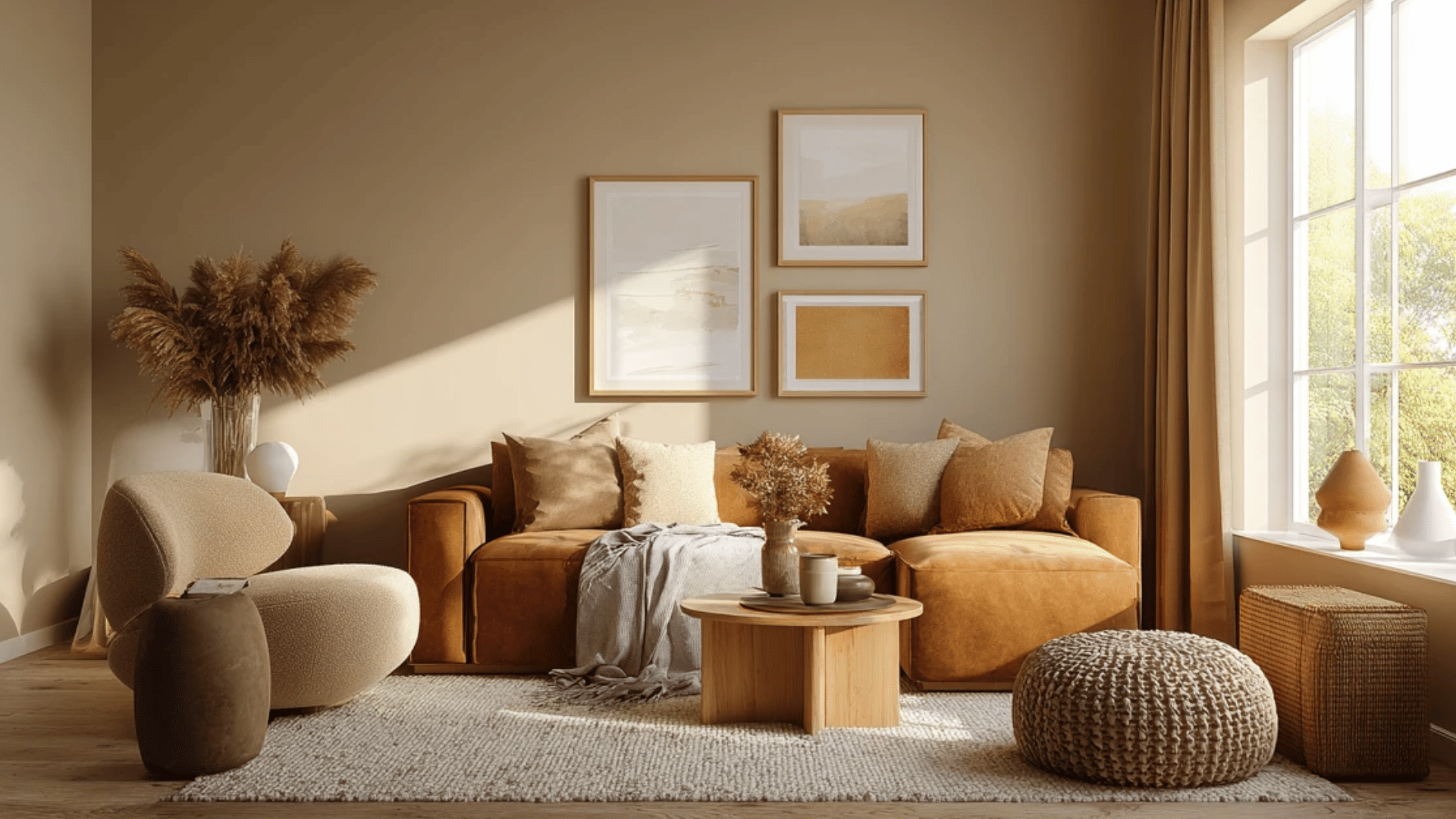 cozy living room with oat walls caramel sofa warm tones and natural textures