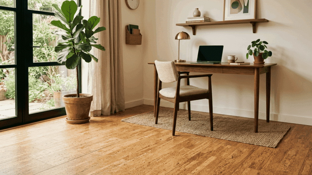 cozy mid century modern home office with cork flooring and wooden furniture