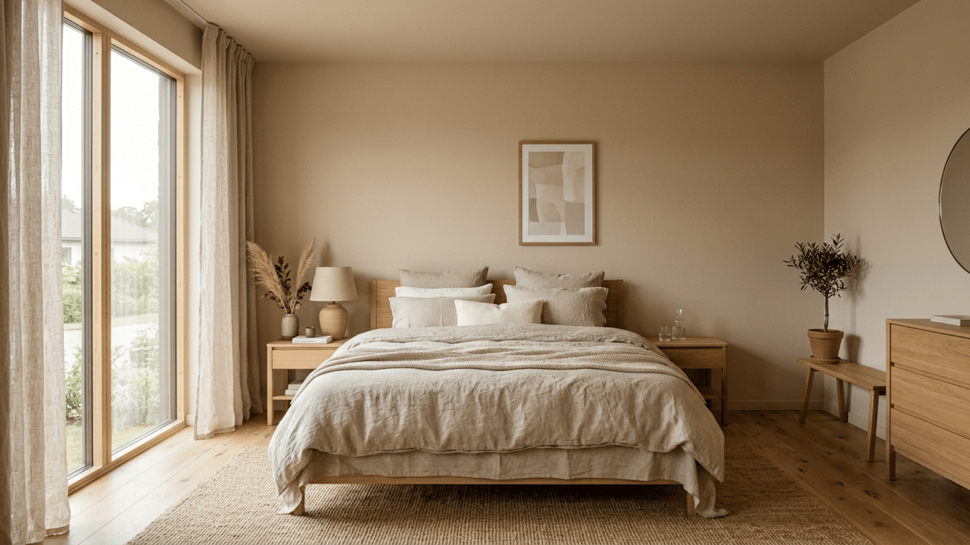 cozy minimalist bedroom with neutral beige tones, wooden furniture, layered bedding, and soft daylight streaming through large window