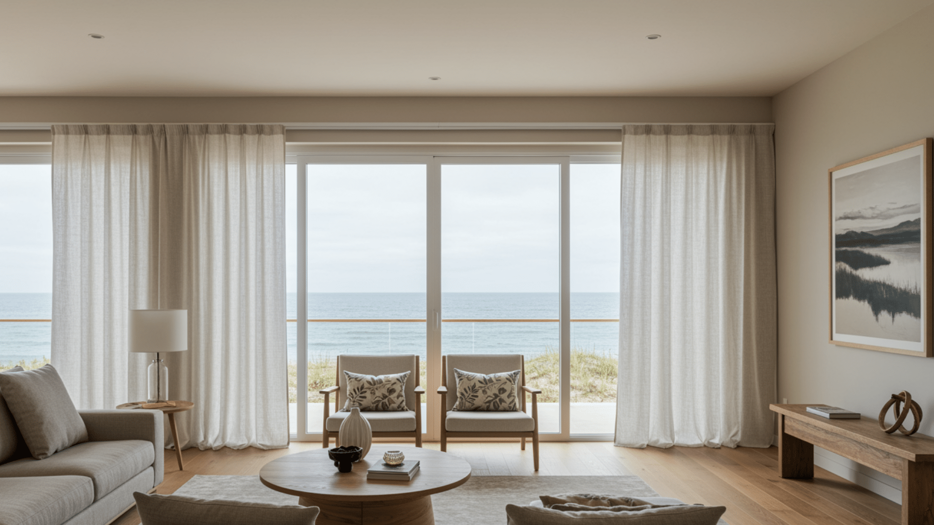 cozy neutral living room with sofa chairs and round table facing large glass doors with curtains overlooking calm ocean horizon