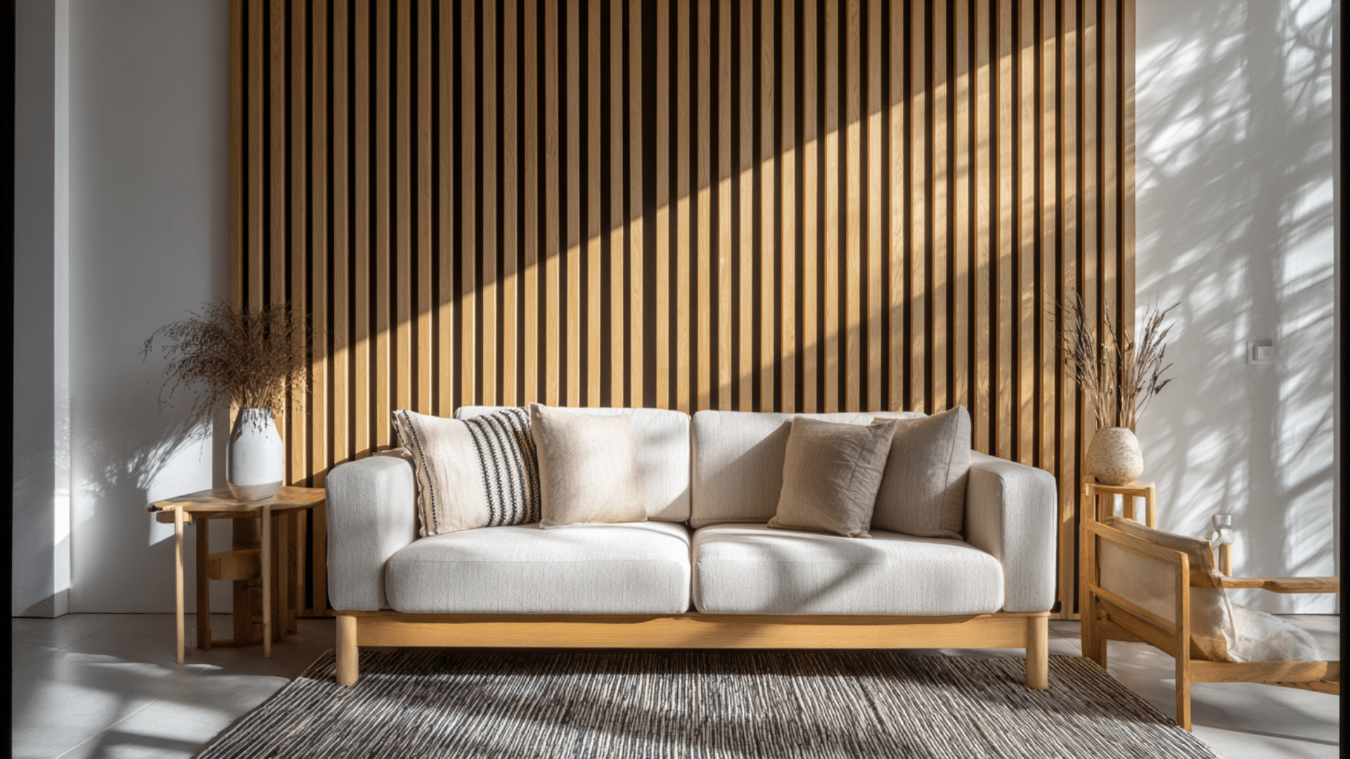 cozy space with light sofa against vertical wood slat wall side tables decor accents and sunlight casting soft shadows indoors
