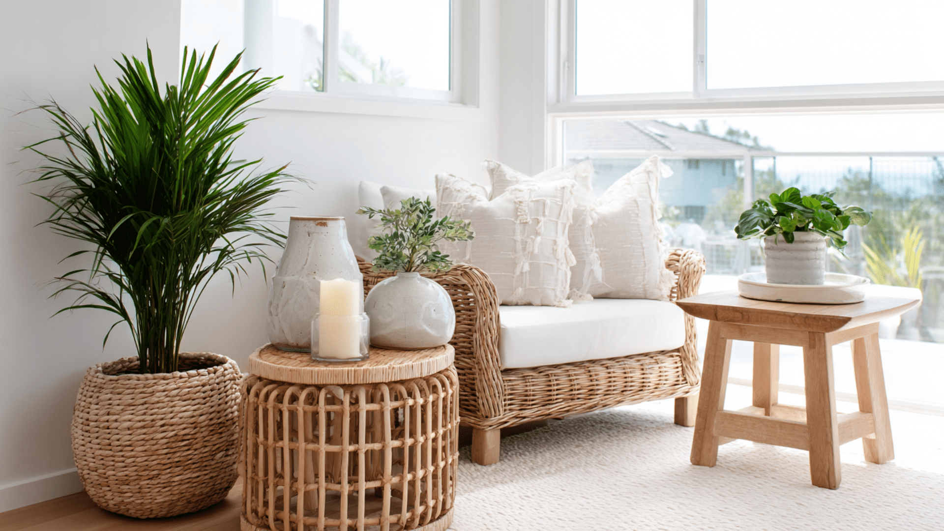 cozy wicker chair with cushions side table candles indoor plants and bright natural light in soft neutral corner