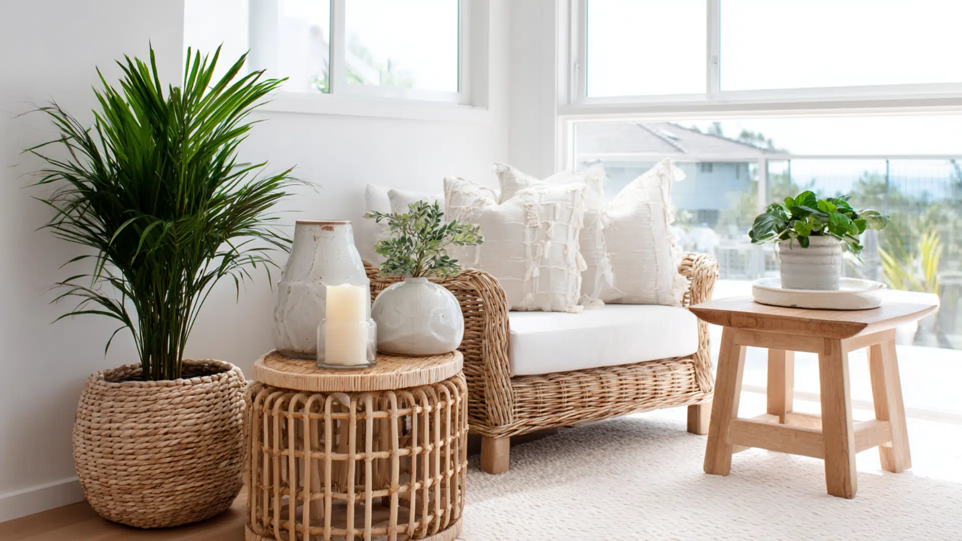 cozy wicker chair with cushions side table candles indoor plants and bright natural light in soft neutral corner