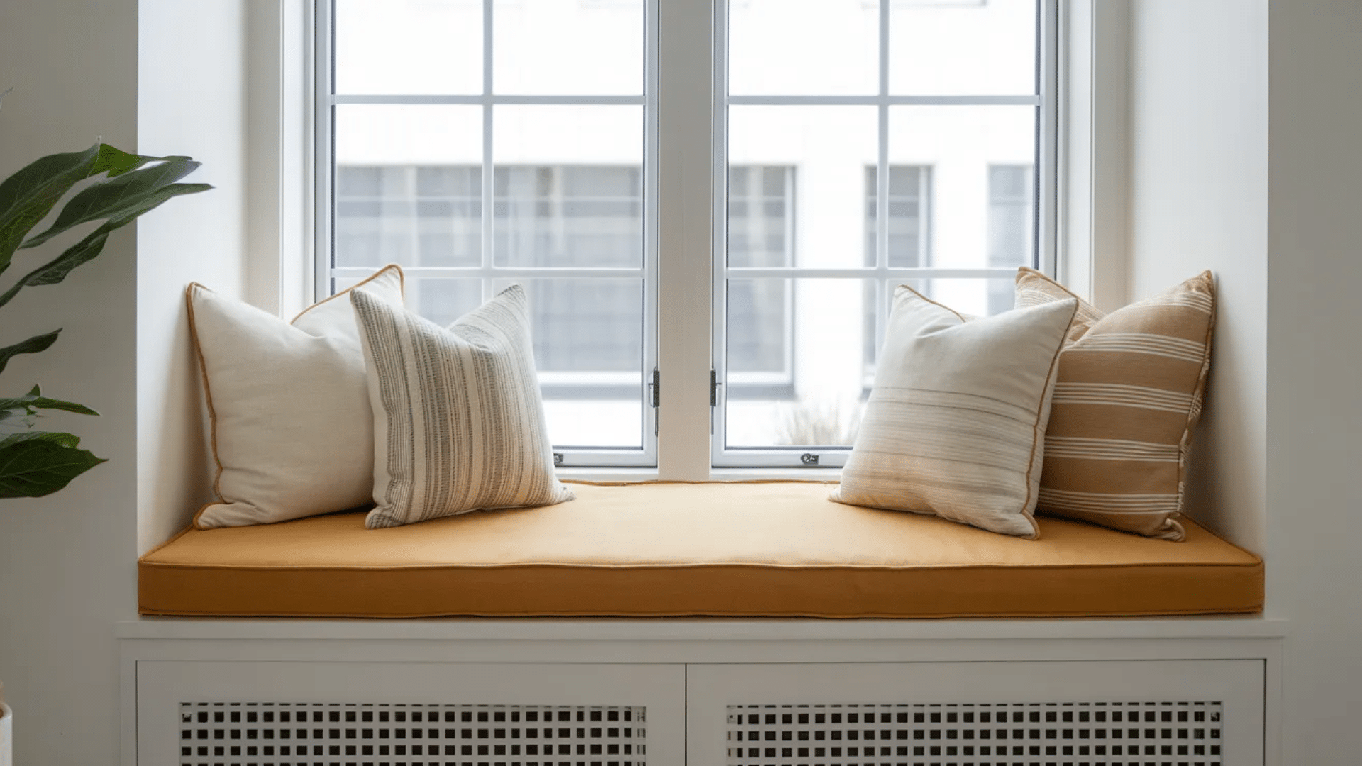 cozy window seat with beige pillows and a yellow cushion, nestled between two windows with grid panes